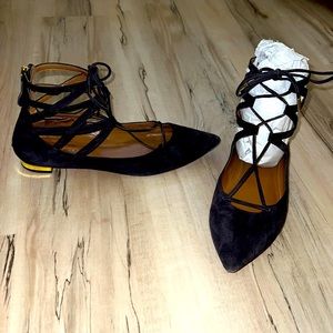 Aquazzura Firenze Ballet Flats Lace Up DARK BROWN suede leather size 38